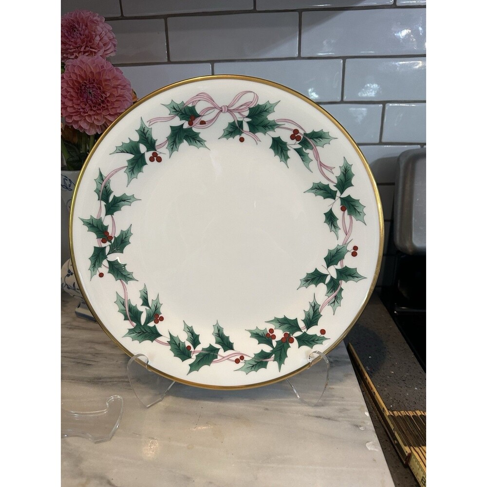 Mikasa Pink Ribbon Holly Cake Plate Christmas Cookie CAF03 Bone China Japan 11.5
